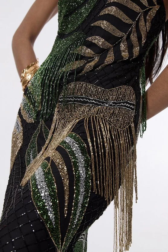 Tropical Beaded Strappy Back Woven Halter Maxi Dress