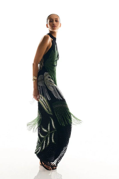 Tropical Beaded Strappy Back Woven Halter Maxi Dress