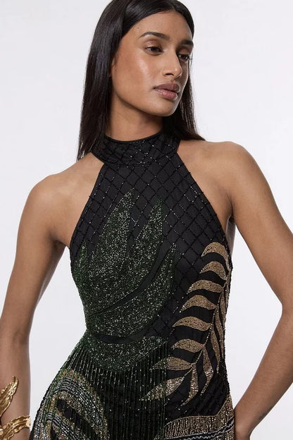 Tropical Beaded Strappy Back Woven Halter Maxi Dress