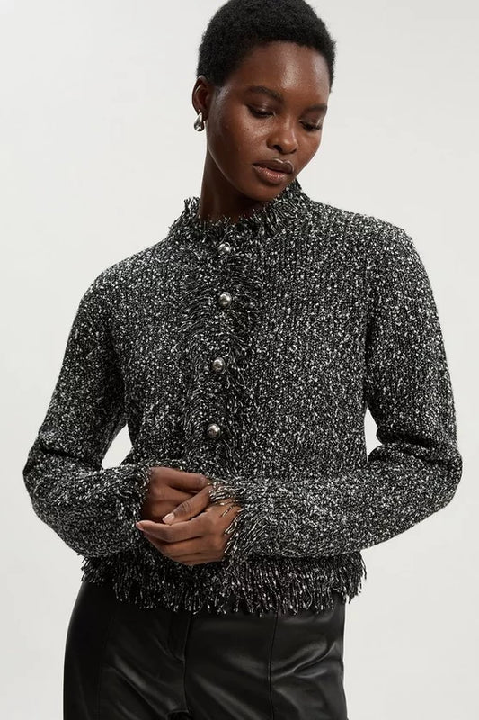 Tweed Yarn Fringe Detail Knitted Cardi