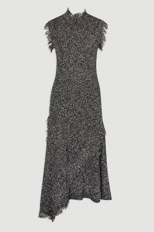 Tweed Yarn Fringe Trim Knitted Dress