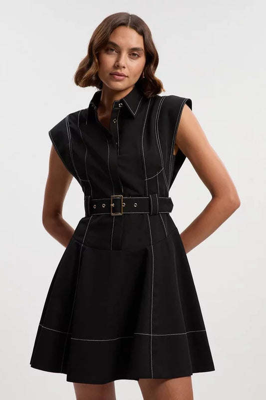 Twill Contrast Hardware High Neck Woven Midi Dress