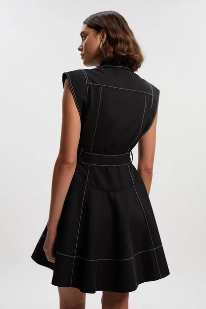 Twill Contrast Hardware High Neck Woven Midi Dress