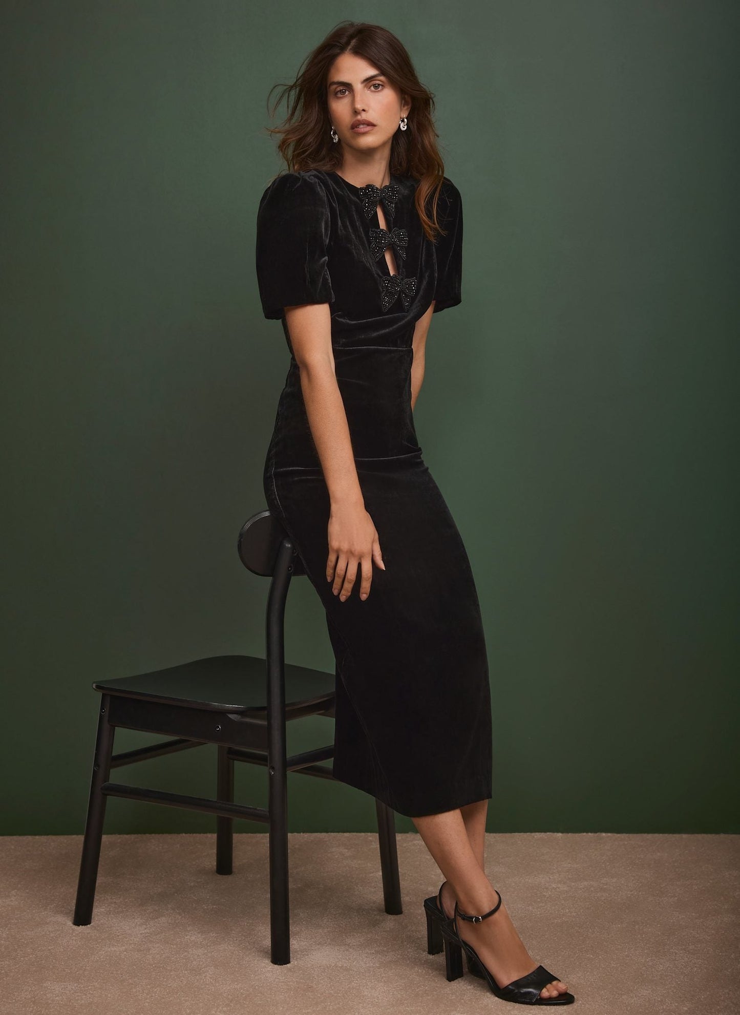 Black Velvet Bow Midi Dress