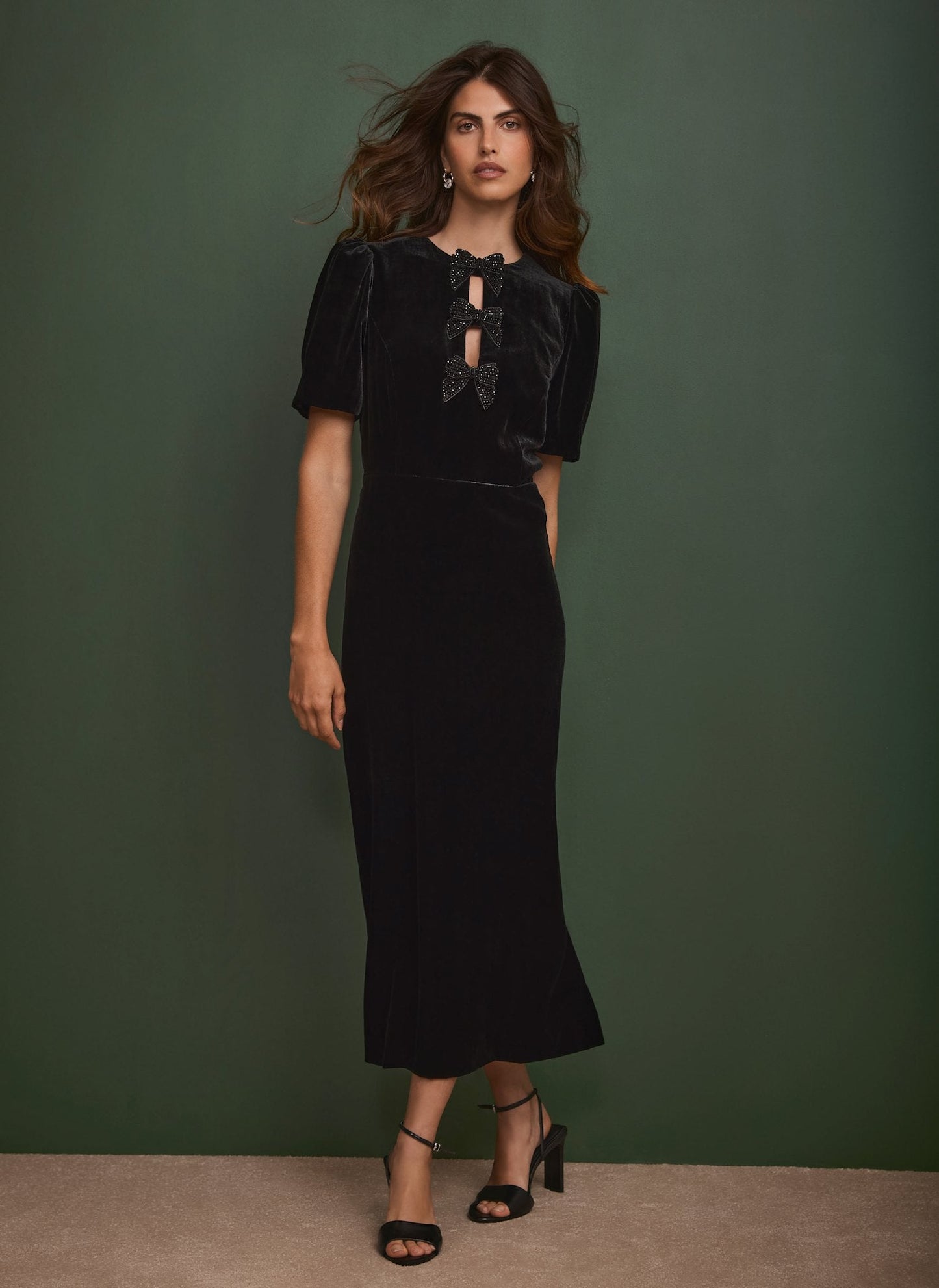 Black Velvet Bow Midi Dress