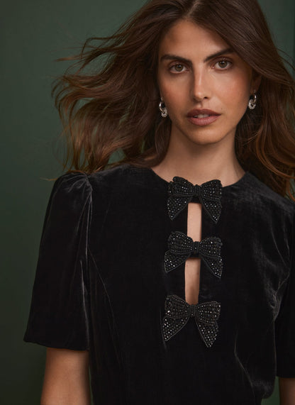 Black Velvet Bow Midi Dress