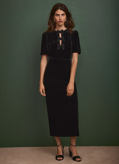 Black Velvet Bow Midi Dress