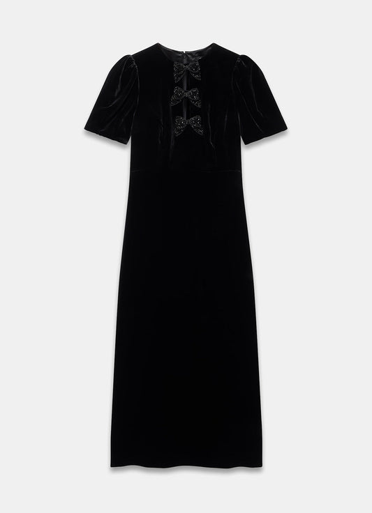 Black Velvet Bow Midi Dress