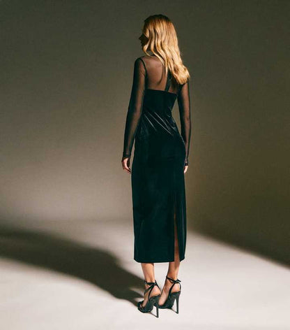 Black Velvet Embellished Trim Mesh Long Sleeve Midi Dress