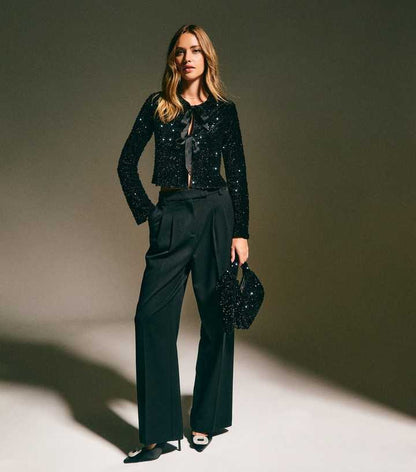 Black Velvet Sequin Embellished Tie Front Cardigan