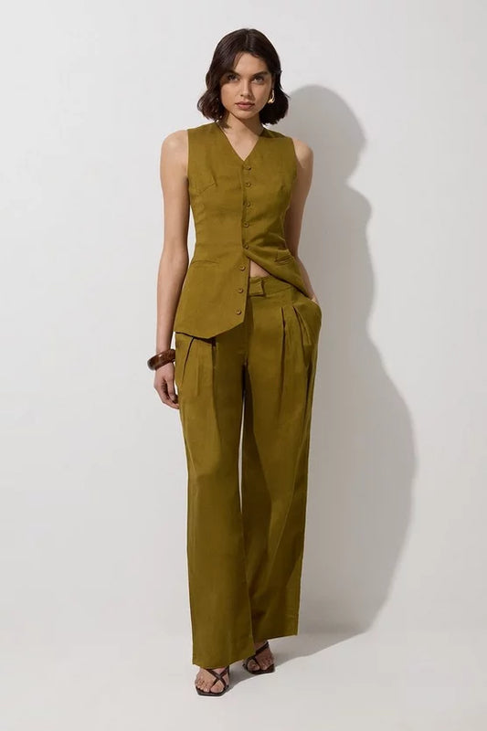 Viscose Linen Pleat And Pocket Detail Woven Straight Leg Trouser