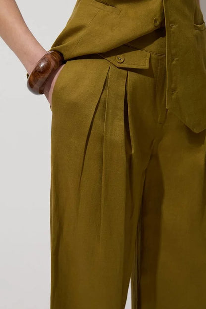 Viscose Linen Pleat And Pocket Detail Woven Straight Leg Trouser