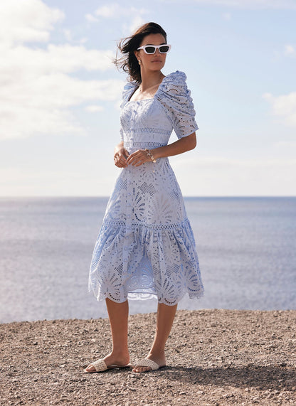 Blue Broderie Midi Dress
