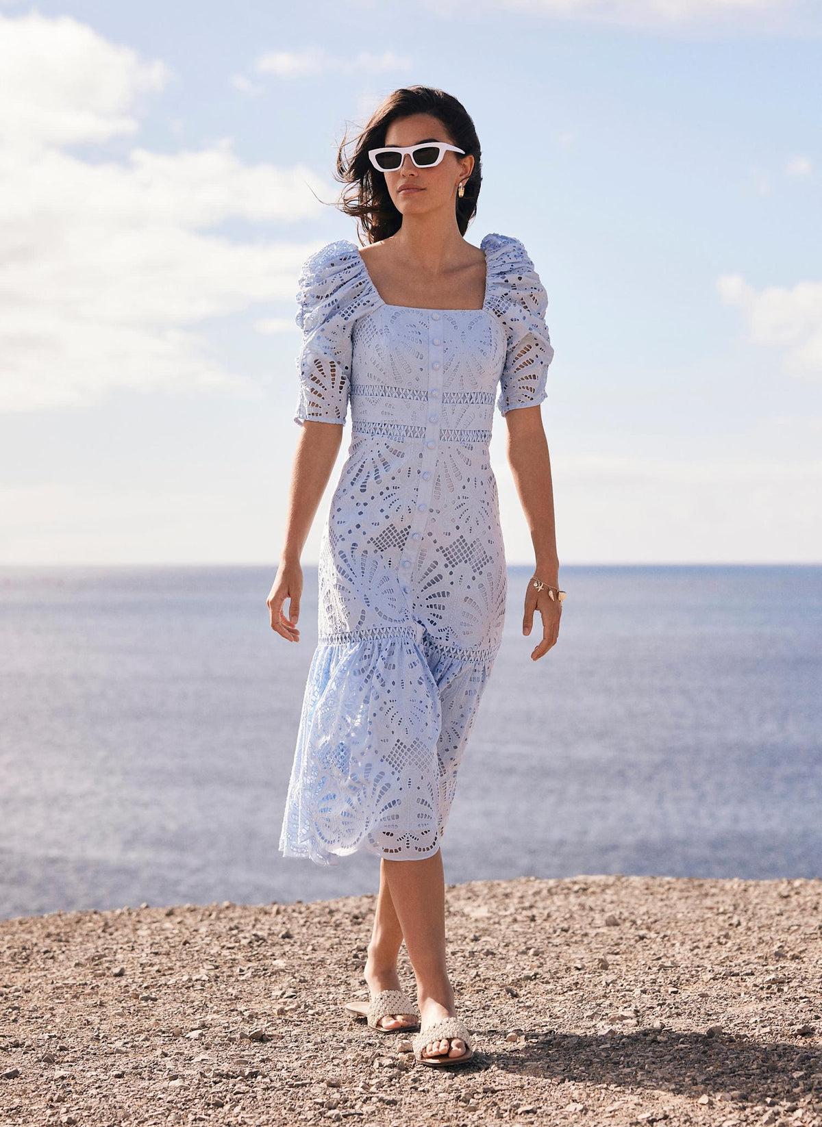 Blue Broderie Midi Dress