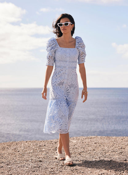 Blue Broderie Midi Dress