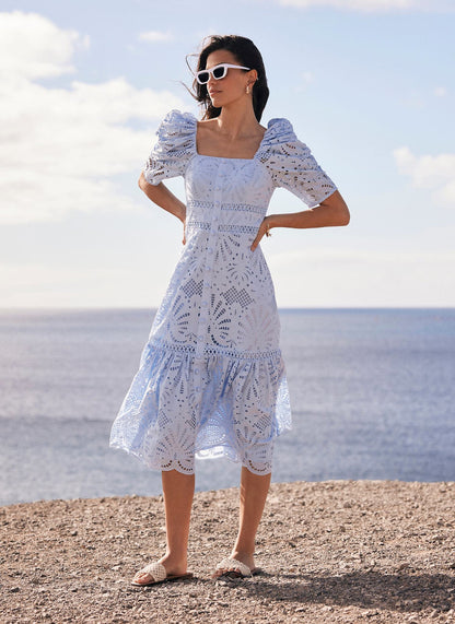 Blue Broderie Midi Dress