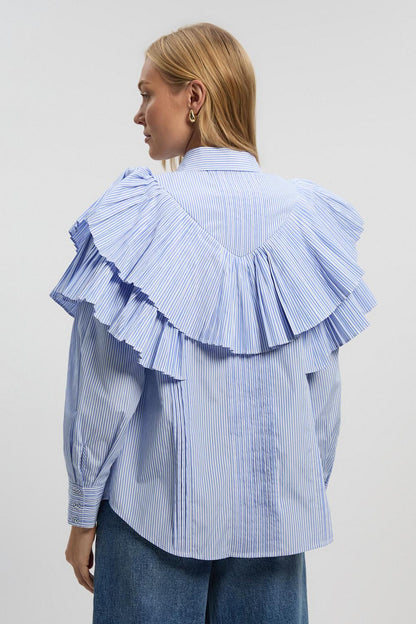 Cotton Poplin Stripe Ruffle Detail Long Sleeve Woven Collared Shirt