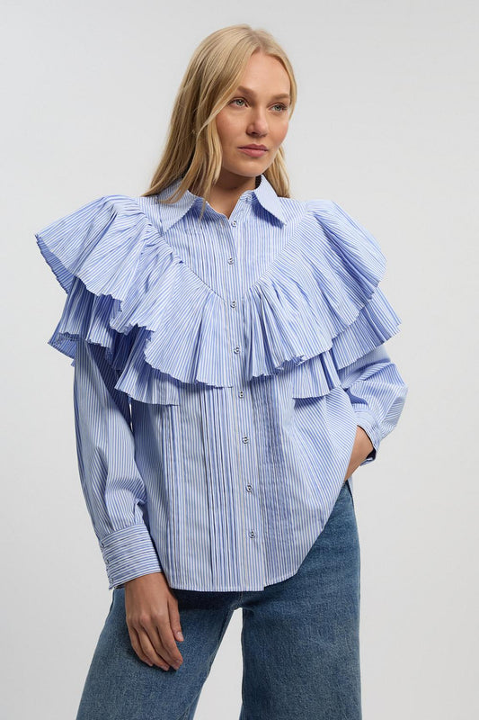 Cotton Poplin Stripe Ruffle Detail Long Sleeve Woven Collared Shirt