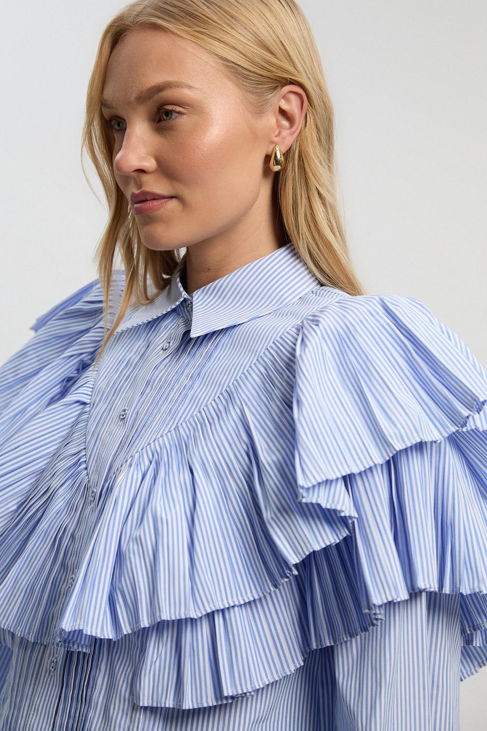 Cotton Poplin Stripe Ruffle Detail Long Sleeve Woven Collared Shirt