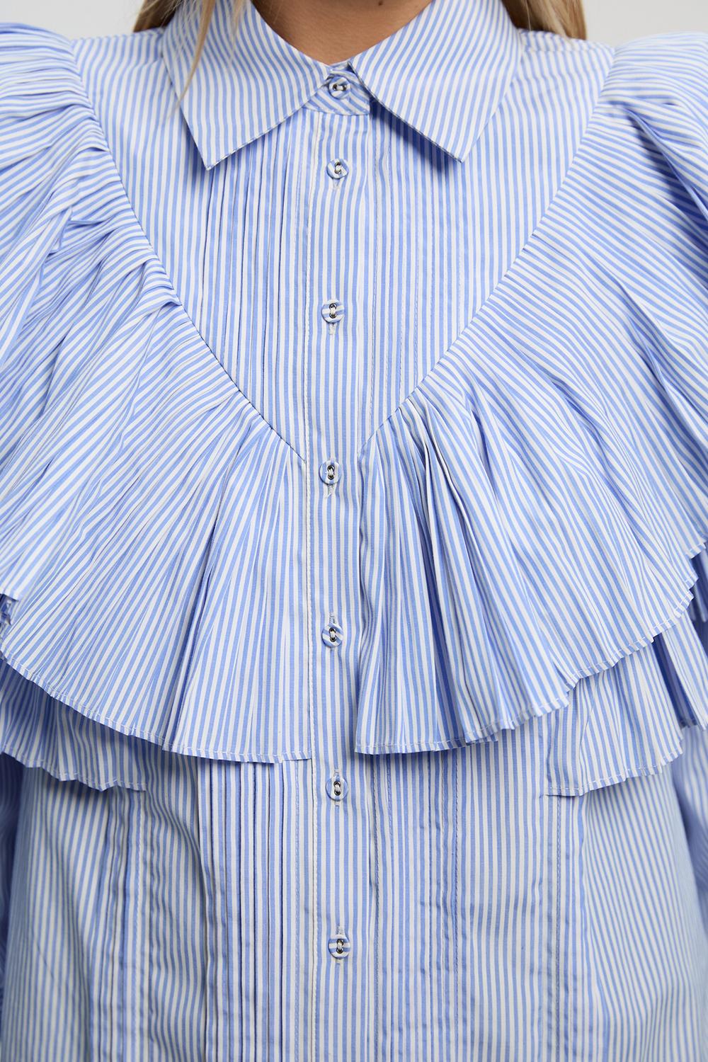 Cotton Poplin Stripe Ruffle Detail Long Sleeve Woven Collared Shirt