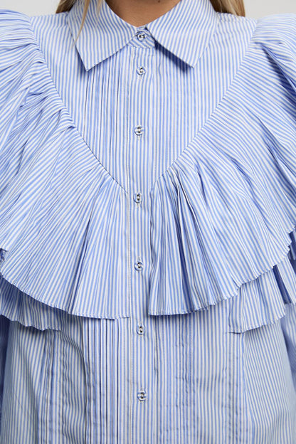 Cotton Poplin Stripe Ruffle Detail Long Sleeve Woven Collared Shirt
