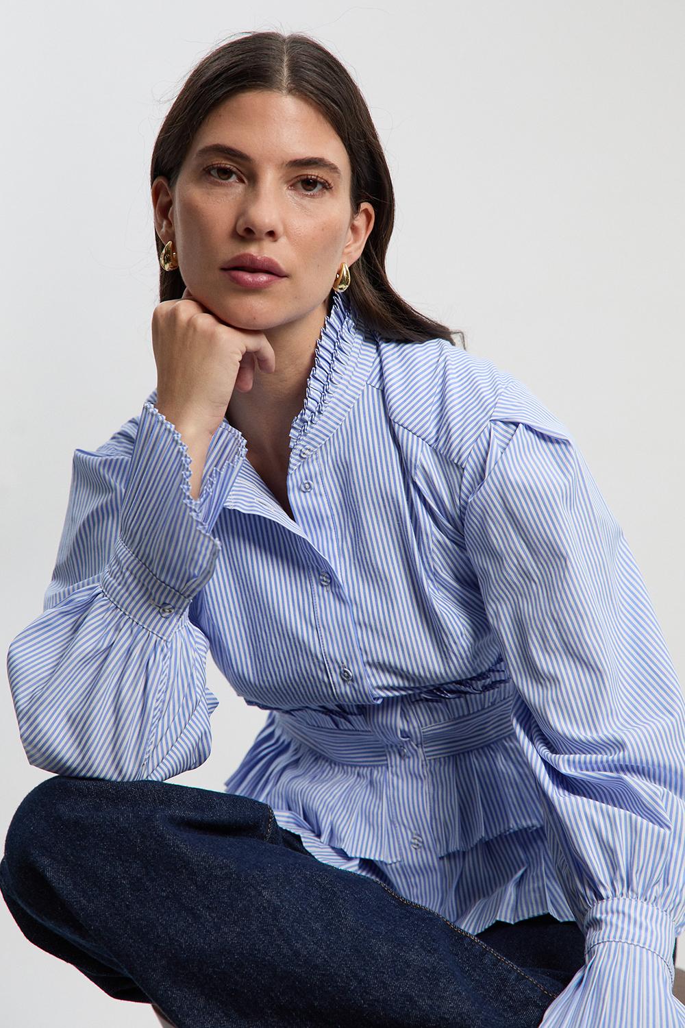 Cotton Poplin Stripe Tiered Ruffle Detail Long Sleeve Woven Blouse