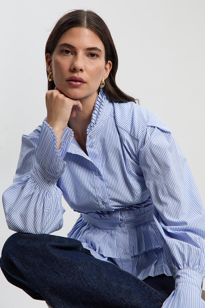 Cotton Poplin Stripe Tiered Ruffle Detail Long Sleeve Woven Blouse