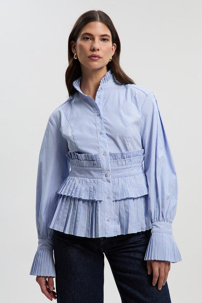 Cotton Poplin Stripe Tiered Ruffle Detail Long Sleeve Woven Blouse