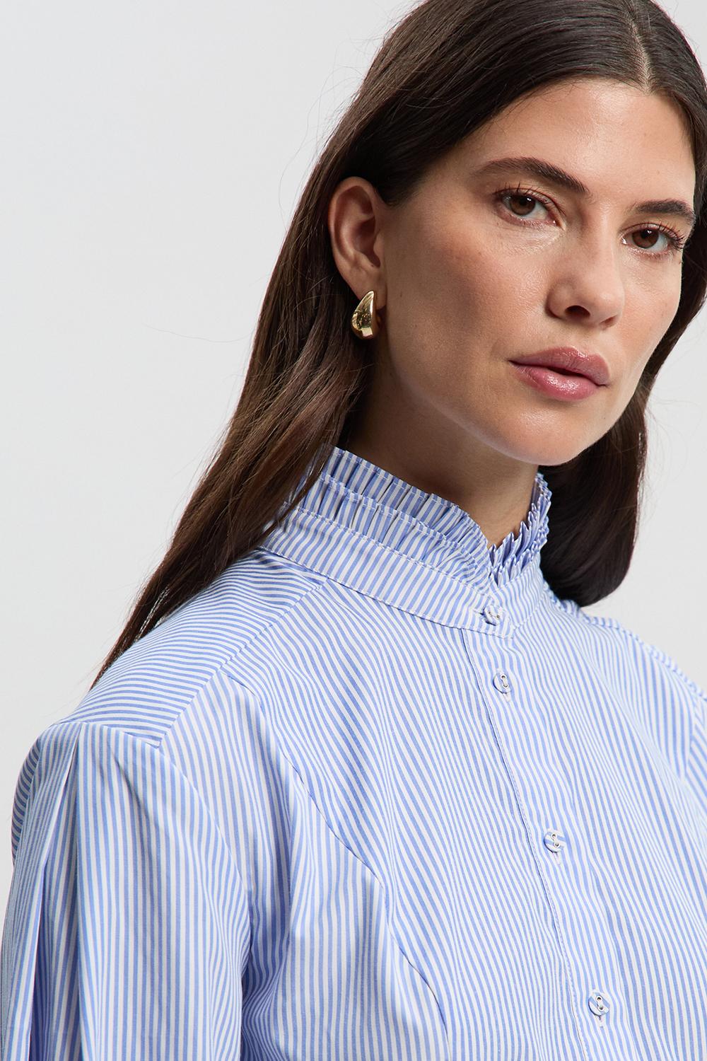 Cotton Poplin Stripe Tiered Ruffle Detail Long Sleeve Woven Blouse