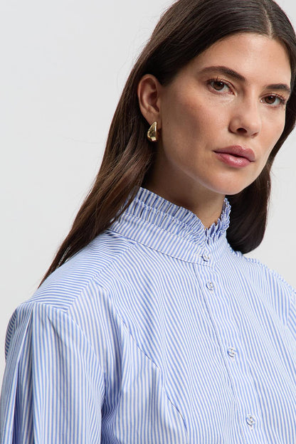 Cotton Poplin Stripe Tiered Ruffle Detail Long Sleeve Woven Blouse