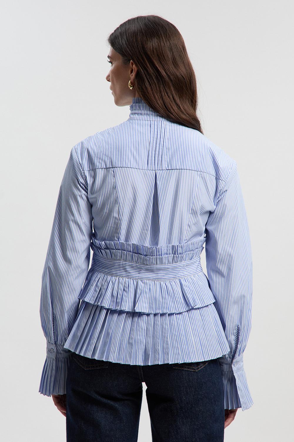 Cotton Poplin Stripe Tiered Ruffle Detail Long Sleeve Woven Blouse