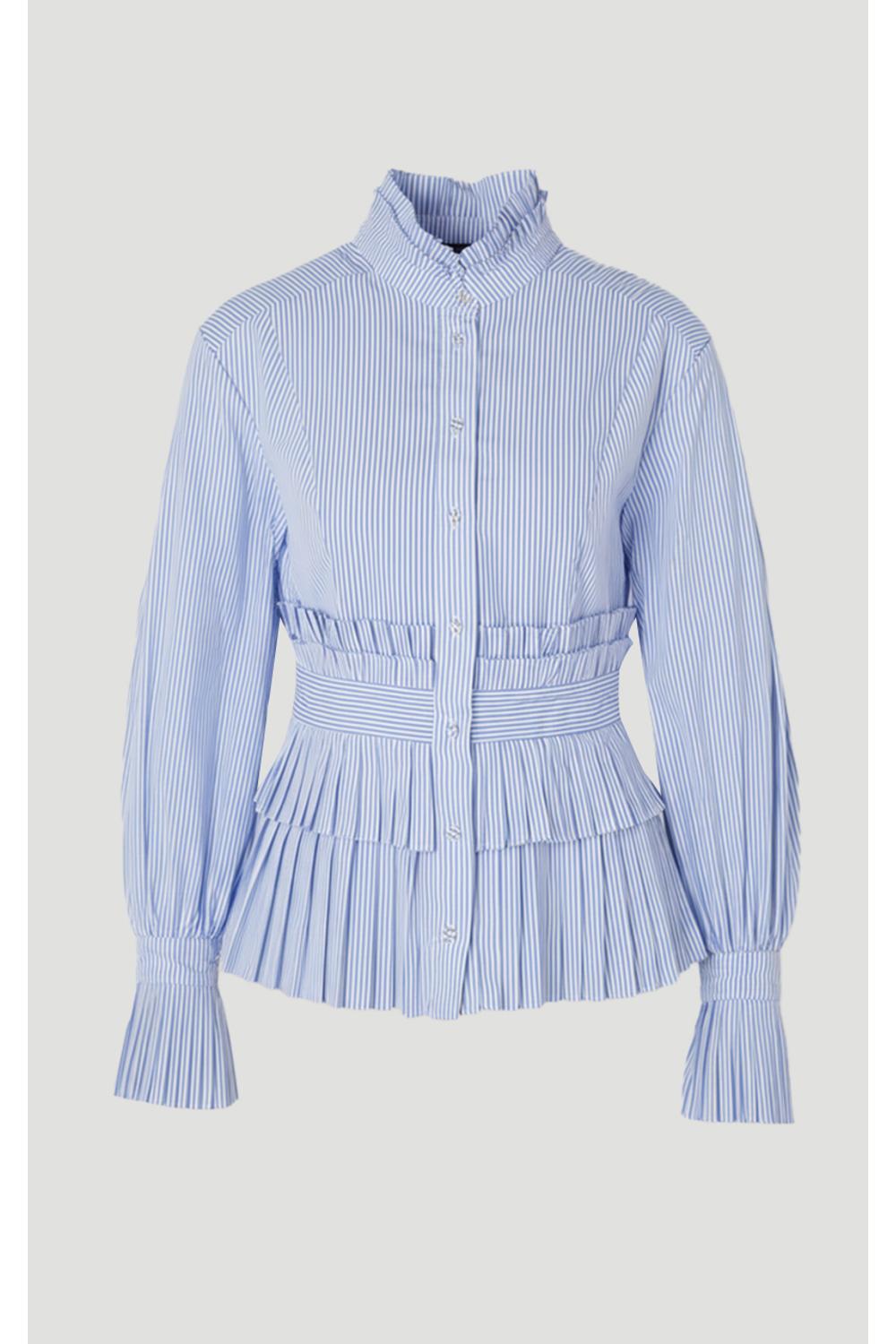 Cotton Poplin Stripe Tiered Ruffle Detail Long Sleeve Woven Blouse