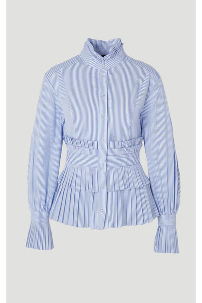 Cotton Poplin Stripe Tiered Ruffle Detail Long Sleeve Woven Blouse