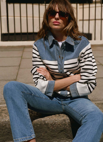 Blue Denim Striped Knit Jacket