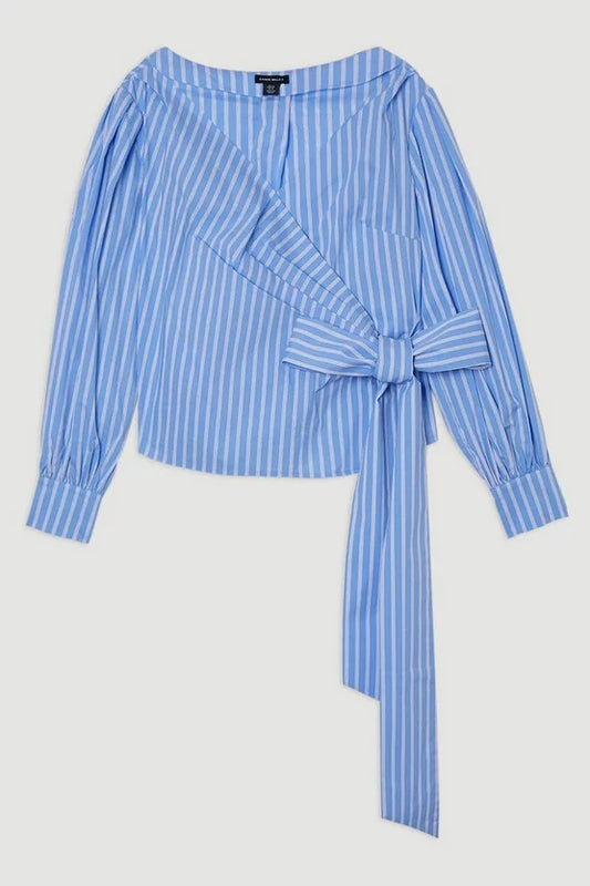 Stripe Cotton Poplin Cold Shoulder Woven Wrap Detail Blouse
