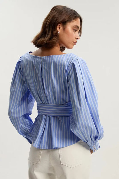 Stripe Cotton Poplin Cold Shoulder Woven Wrap Detail Blouse