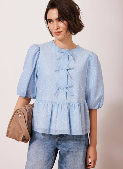 Blue Striped Puff Sleeve Top