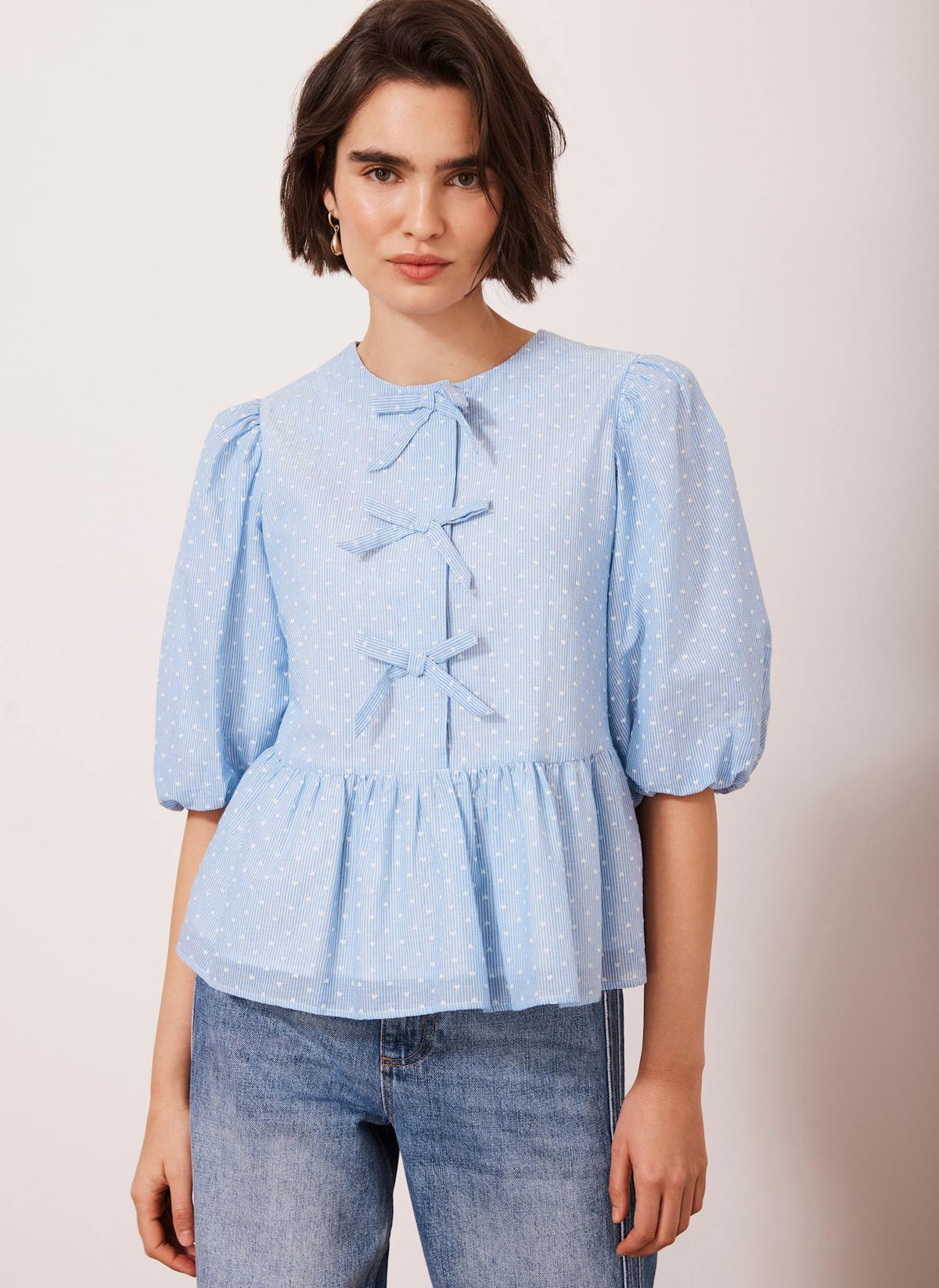 Blue Striped Puff Sleeve Top