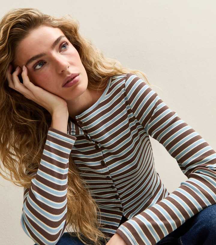 Blue Striped Crew Neck Cardigan