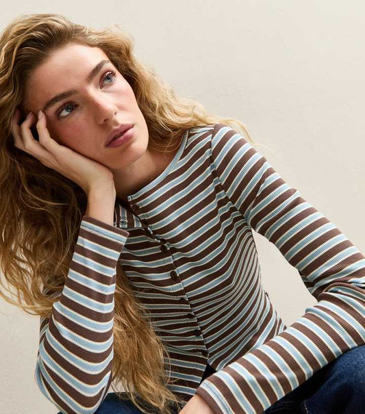 Blue Striped Crew Neck Cardigan