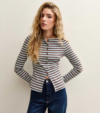 Blue Striped Crew Neck Cardigan