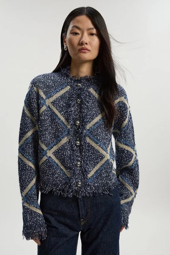 Tweed Yarn Fringe Detail Knitted Cardi