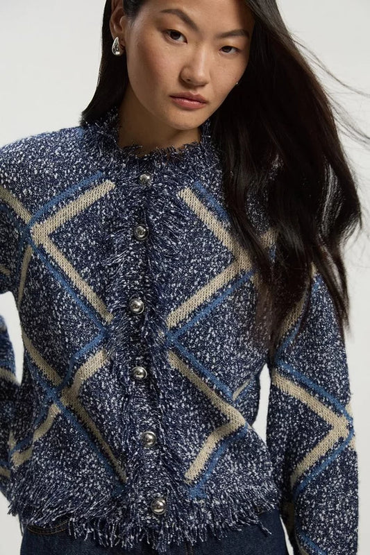 Tweed Yarn Fringe Detail Knitted Cardi