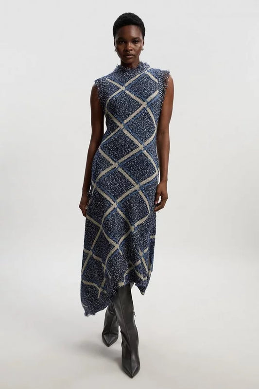 Tweed Yarn Fringe Trim Knitted Dress