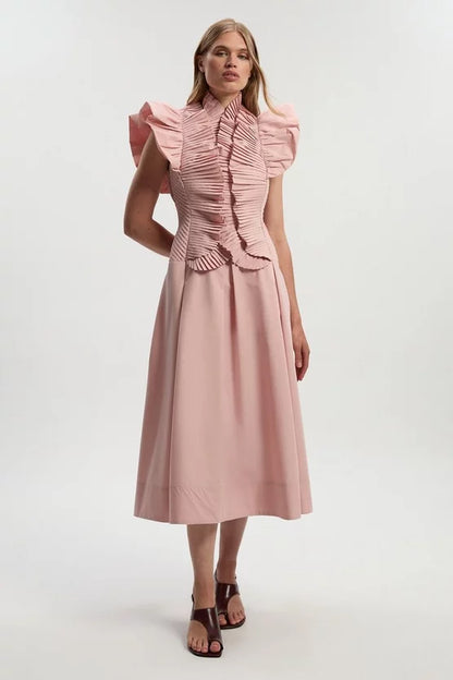 Pleated Ruffle Sleeve Woven Maxi Dress