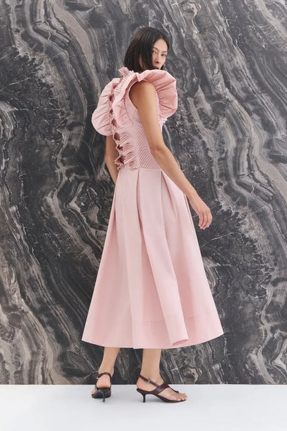Pleated Ruffle Sleeve Woven Maxi Dress