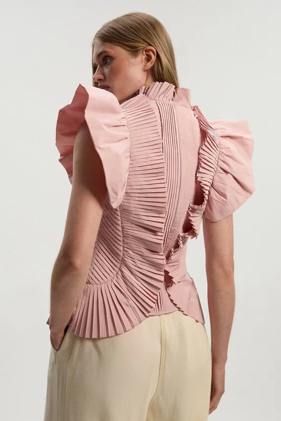 Pleated Ruffle Sleeve Woven Top