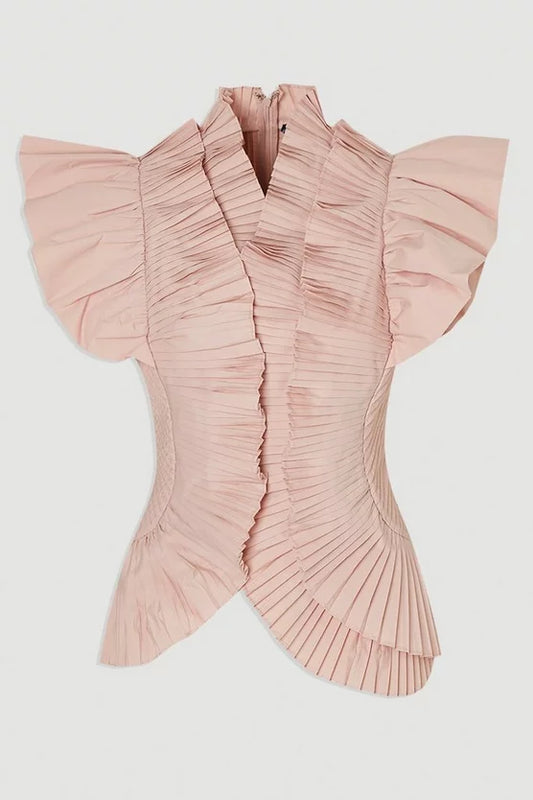 Pleated Ruffle Sleeve Woven Top