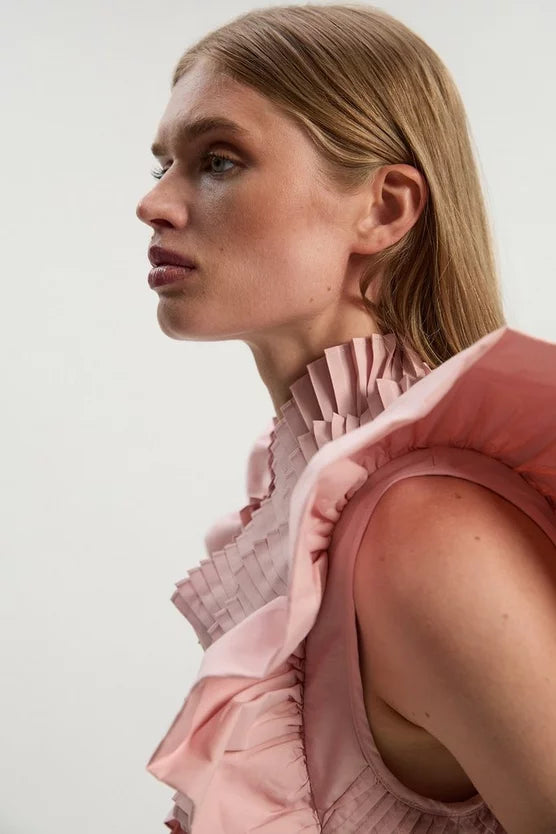 Pleated Ruffle Sleeve Woven Top