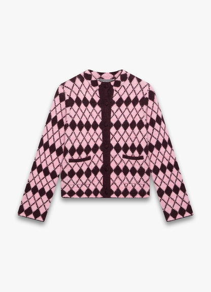 Burgundy Wool Blend Argyle Knit Cardigan